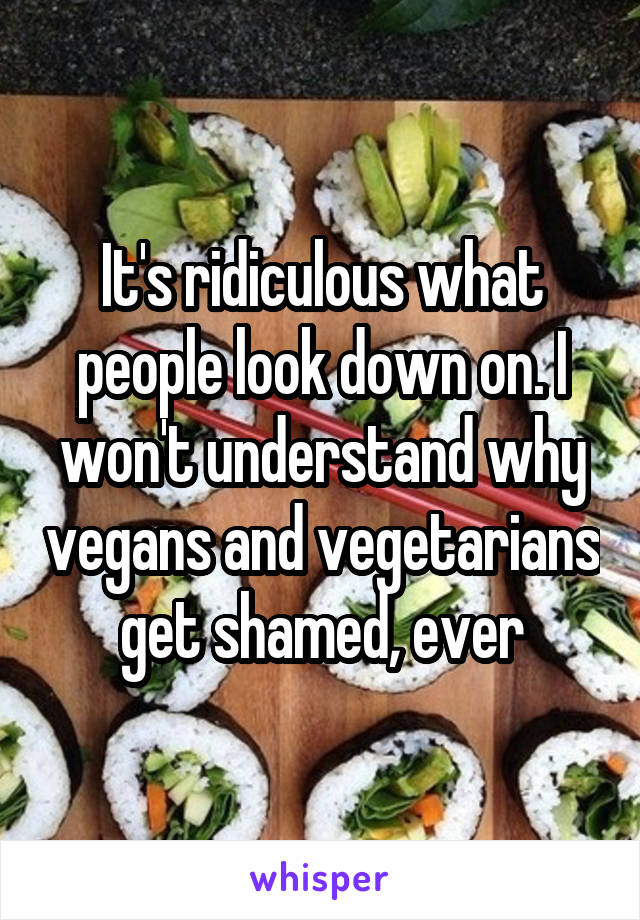 It's ridiculous what people look down on. I won't understand why vegans and vegetarians get shamed, ever