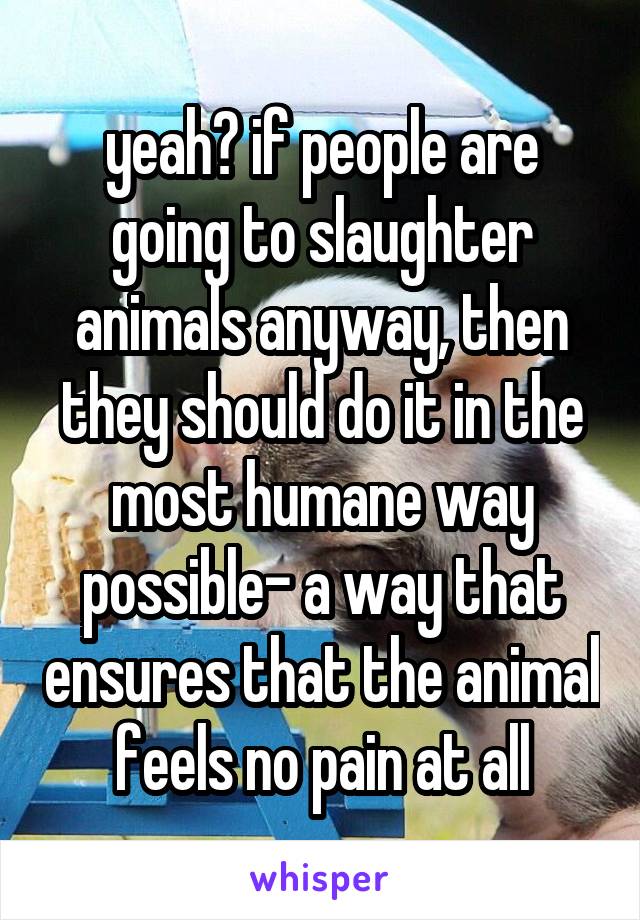 yeah? if people are going to slaughter animals anyway, then they should do it in the most humane way possible- a way that ensures that the animal feels no pain at all