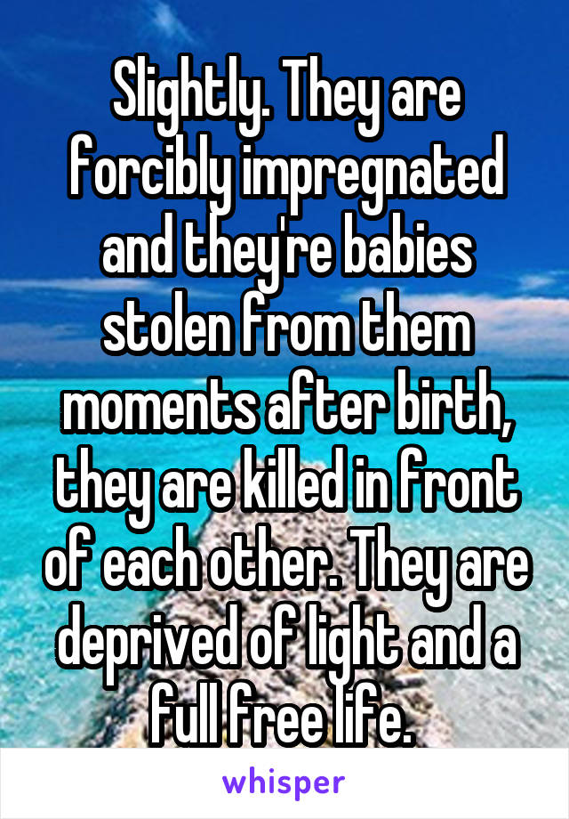 Slightly. They are forcibly impregnated and they're babies stolen from them moments after birth, they are killed in front of each other. They are deprived of light and a full free life. 