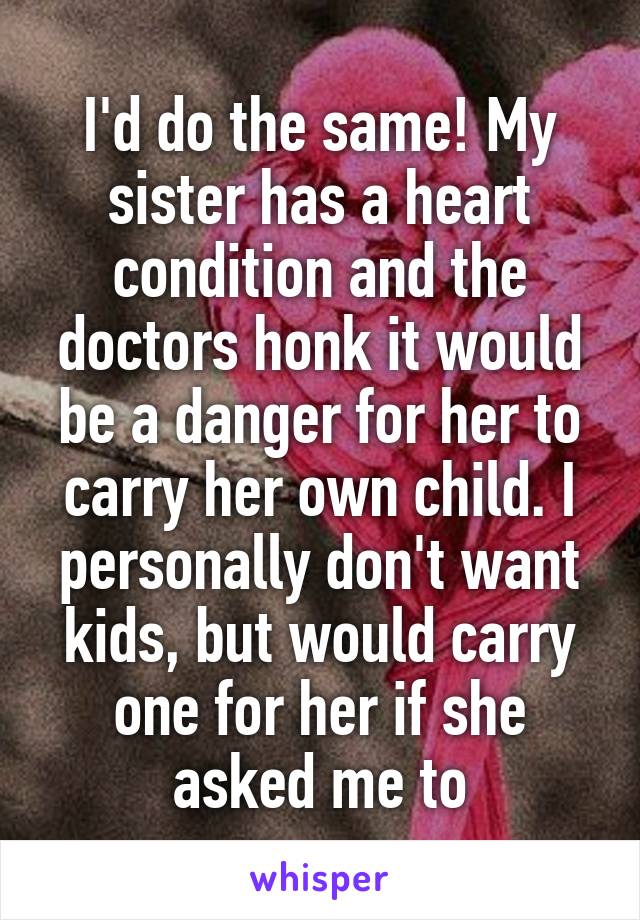 I'd do the same! My sister has a heart condition and the doctors honk it would be a danger for her to carry her own child. I personally don't want kids, but would carry one for her if she asked me to