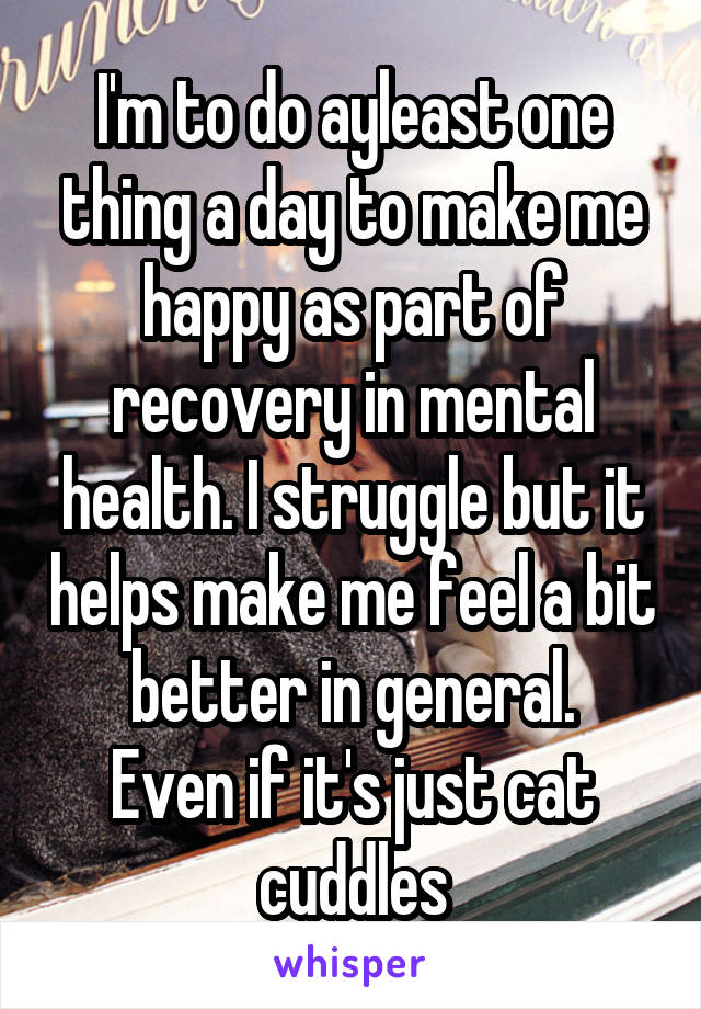 I'm to do ayleast one thing a day to make me happy as part of recovery in mental health. I struggle but it helps make me feel a bit better in general.
Even if it's just cat cuddles