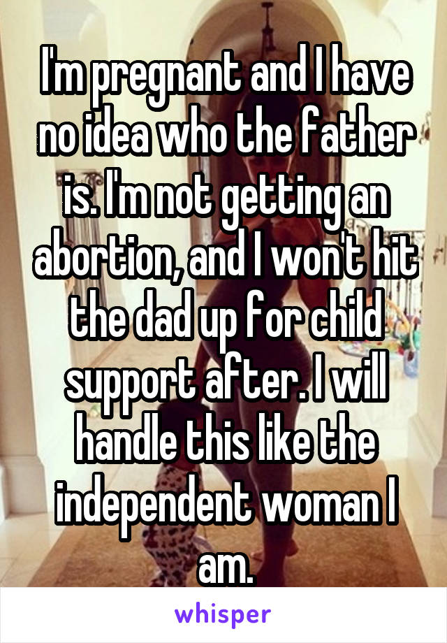 I'm pregnant and I have no idea who the father is. I'm not getting an abortion, and I won't hit the dad up for child support after. I will handle this like the independent woman I am.