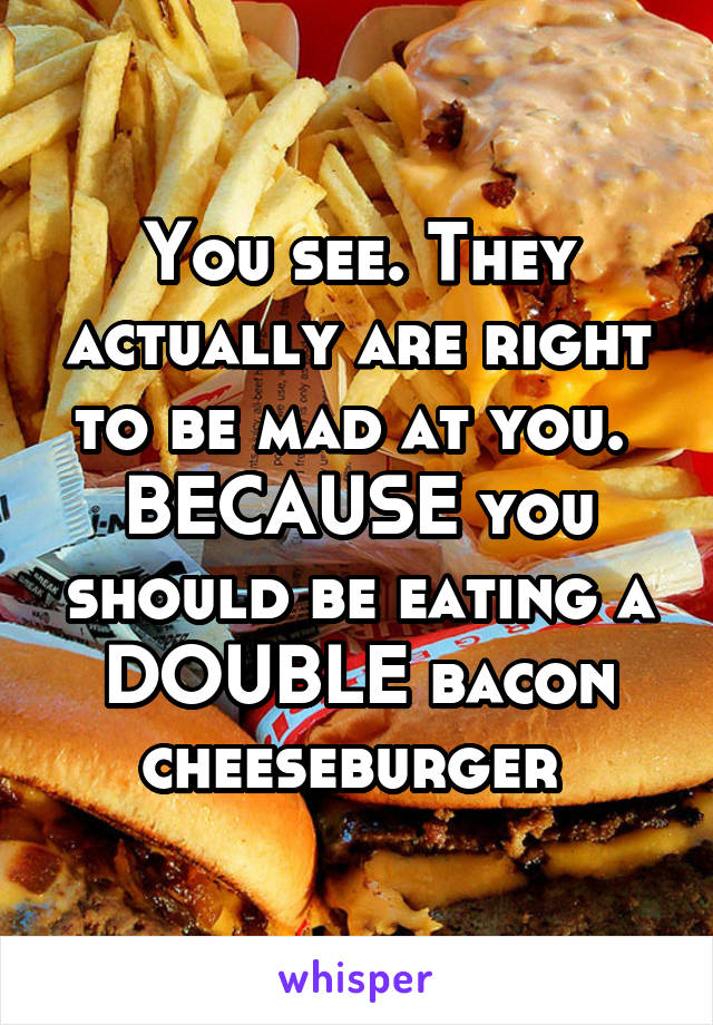 You see. They actually are right to be mad at you. 
BECAUSE you should be eating a DOUBLE bacon cheeseburger 