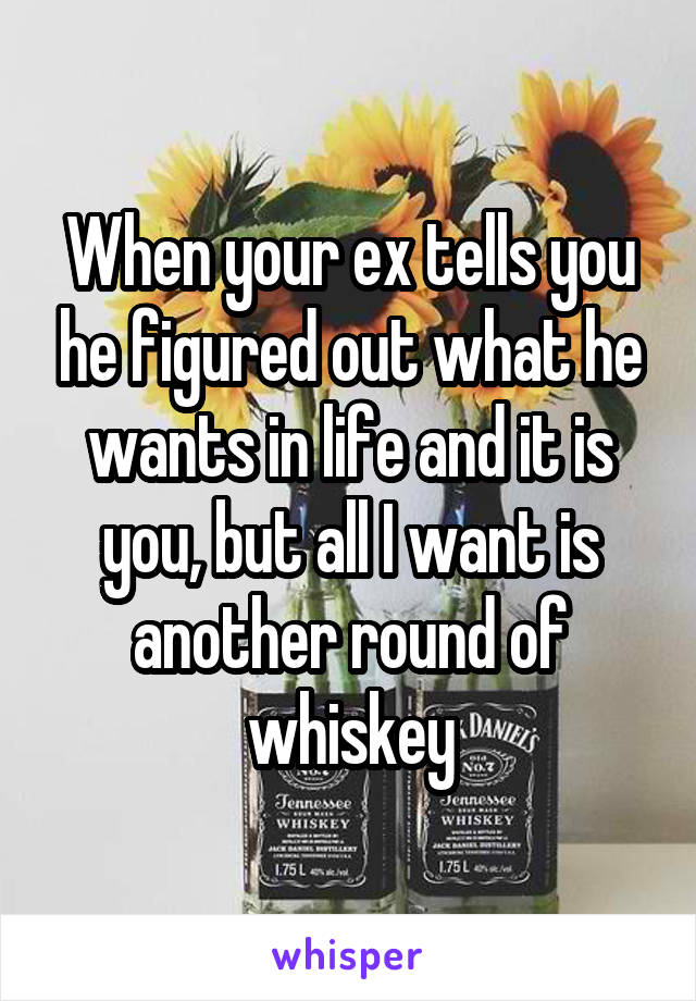 When your ex tells you he figured out what he wants in life and it is you, but all I want is another round of whiskey