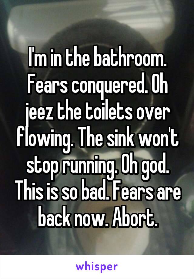 I'm in the bathroom. Fears conquered. Oh jeez the toilets over flowing. The sink won't stop running. Oh god. This is so bad. Fears are back now. Abort.