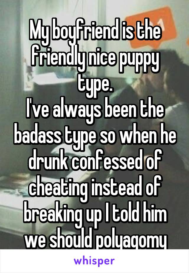 My boyfriend is the friendly nice puppy type.
I've always been the badass type so when he drunk confessed of cheating instead of breaking up I told him we should polyagomy