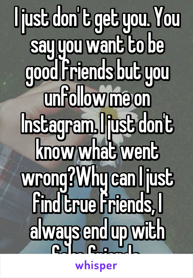 I just don' t get you. You say you want to be good friends but you unfollow me on Instagram. I just don't know what went wrong?Why can I just find true friends, I always end up with fake friends.