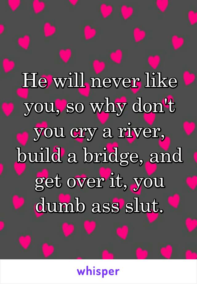 He will never like you, so why don't you cry a river, build a bridge, and get over it, you dumb ass slut.