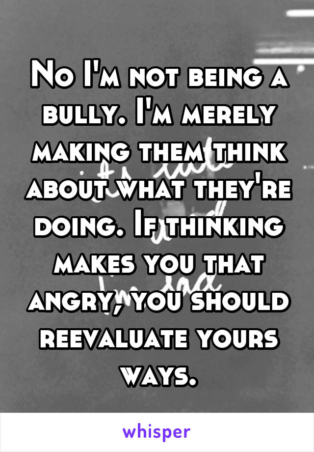 No I'm not being a bully. I'm merely making them think about what they're doing. If thinking makes you that angry, you should reevaluate yours ways.