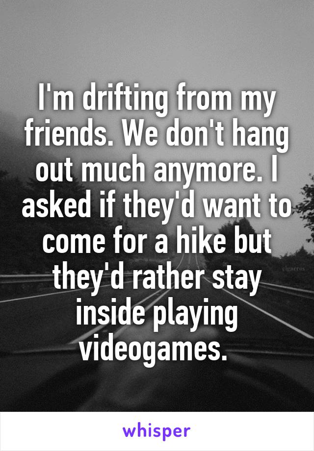 I'm drifting from my friends. We don't hang out much anymore. I asked if they'd want to come for a hike but they'd rather stay inside playing videogames. 