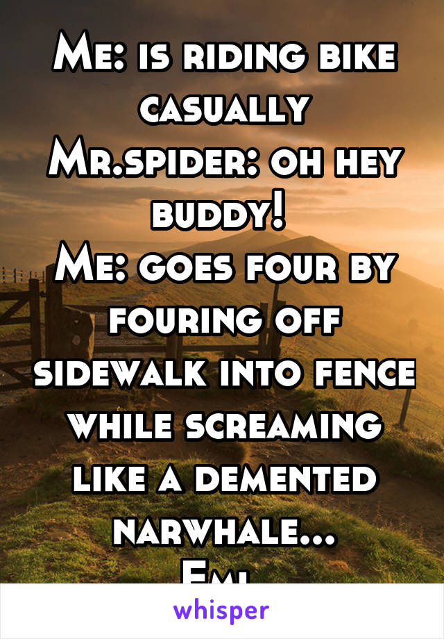 Me: is riding bike casually
Mr.spider: oh hey buddy! 
Me: goes four by fouring off sidewalk into fence while screaming like a demented narwhale...
Fml 