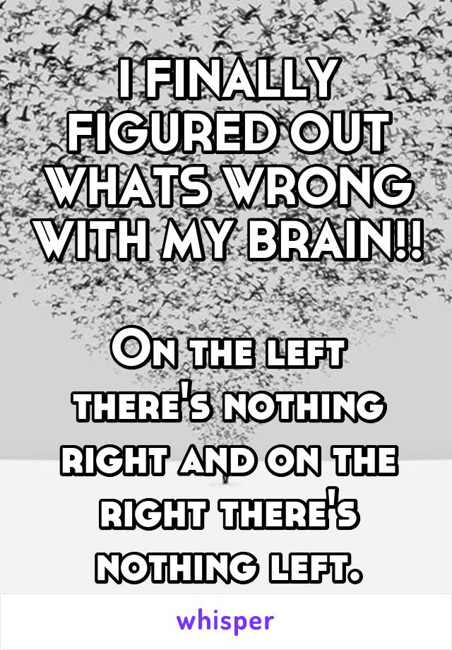 I FINALLY FIGURED OUT WHATS WRONG WITH MY BRAIN!!

On the left there's nothing right and on the right there's nothing left.