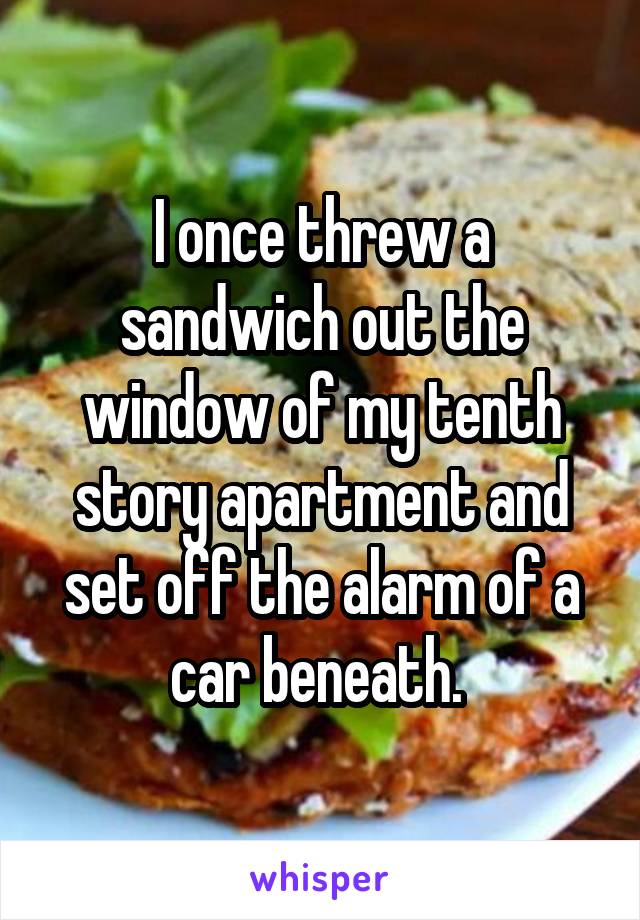 I once threw a sandwich out the window of my tenth story apartment and set off the alarm of a car beneath. 