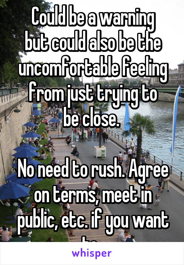 Could be a warning
but could also be the uncomfortable feeling from just trying to
be close. 

No need to rush. Agree on terms, meet in public, etc. if you want to. 