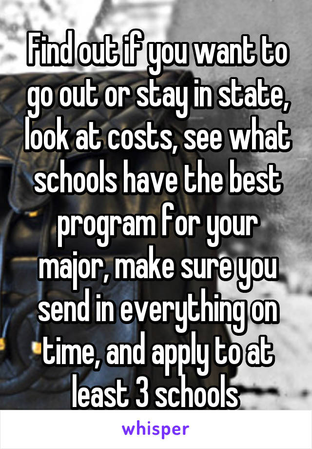 Find out if you want to go out or stay in state, look at costs, see what schools have the best program for your major, make sure you send in everything on time, and apply to at least 3 schools 