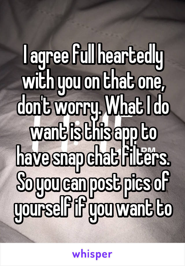 I agree full heartedly with you on that one, don't worry. What I do want is this app to have snap chat filters. So you can post pics of yourself if you want to