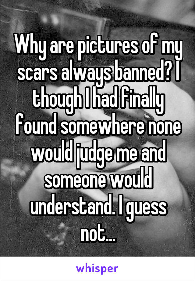 Why are pictures of my scars always banned? I though I had finally found somewhere none would judge me and someone would understand. I guess not...