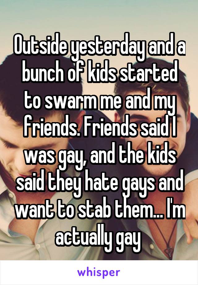 Outside yesterday and a bunch of kids started to swarm me and my friends. Friends said I was gay, and the kids said they hate gays and want to stab them... I'm actually gay 