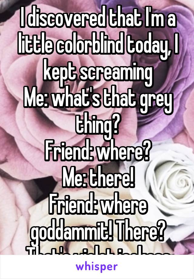 I discovered that I'm a little colorblind today, I kept screaming
Me: what's that grey thing?
Friend: where?
Me: there!
Friend: where goddammit! There? That's violet jackass