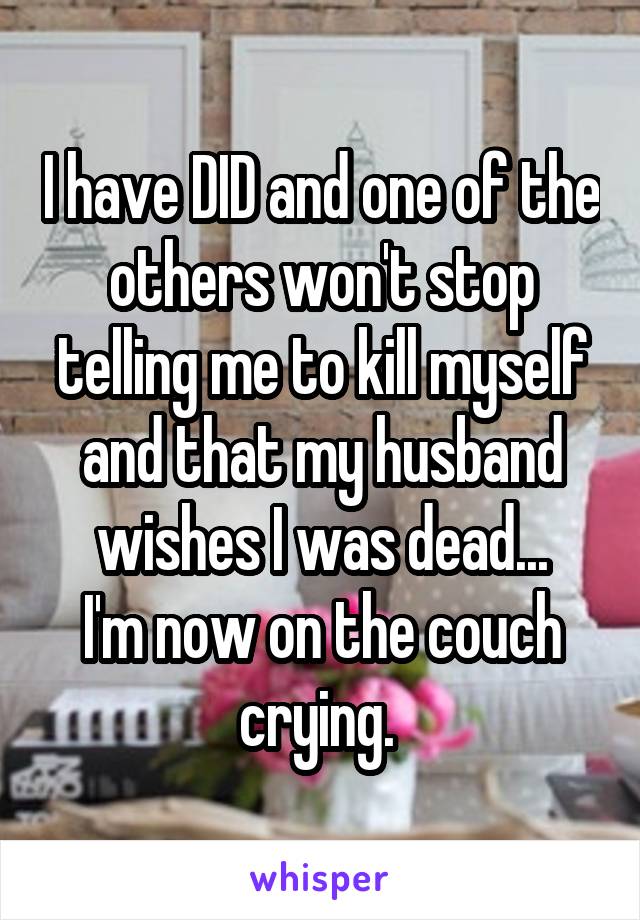 I have DID and one of the others won't stop telling me to kill myself and that my husband wishes I was dead...
I'm now on the couch crying. 