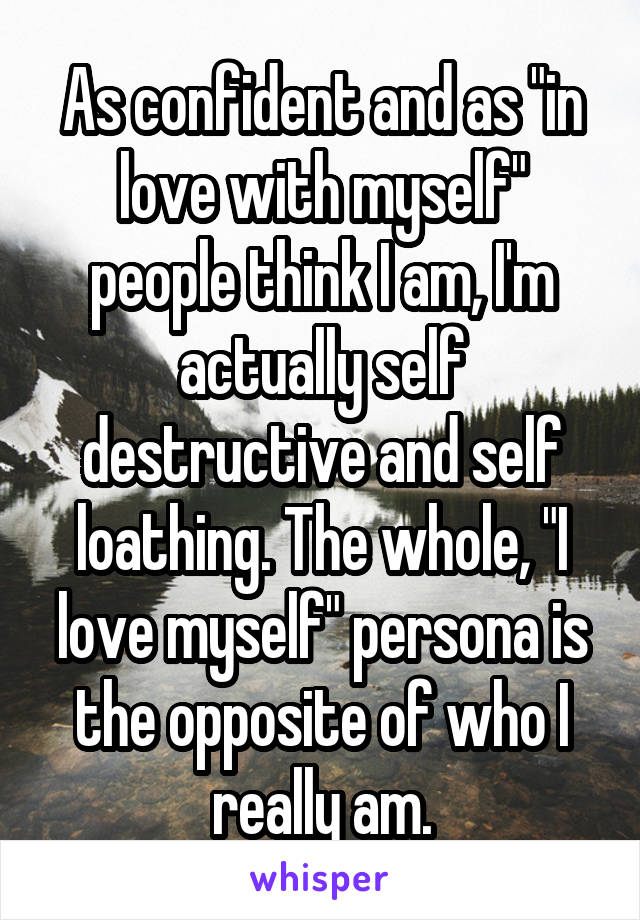 As confident and as "in love with myself" people think I am, I'm actually self destructive and self loathing. The whole, "I love myself" persona is the opposite of who I really am.