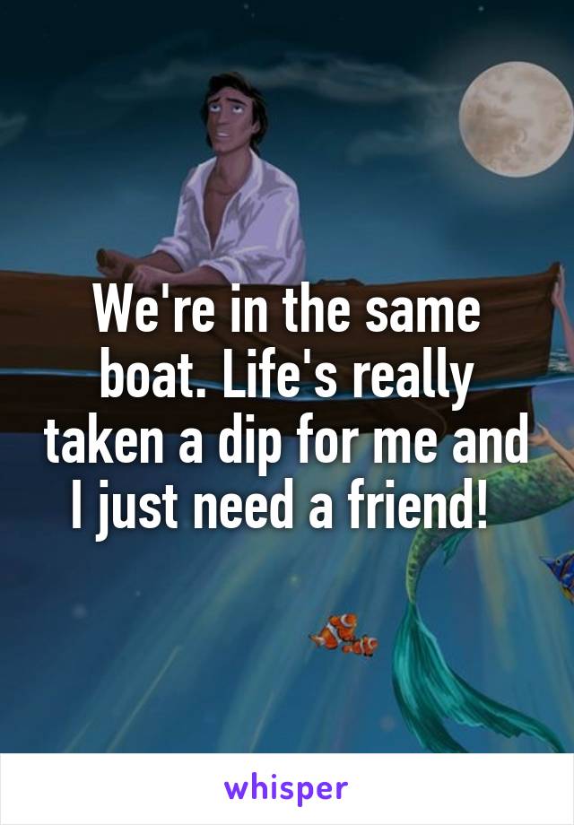 We're in the same boat. Life's really taken a dip for me and I just need a friend! 