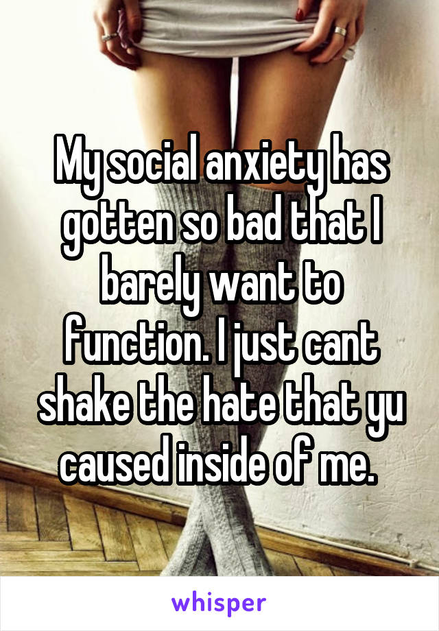 My social anxiety has gotten so bad that I barely want to function. I just cant shake the hate that yu caused inside of me. 