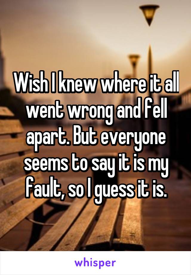 Wish I knew where it all went wrong and fell apart. But everyone seems to say it is my fault, so I guess it is.