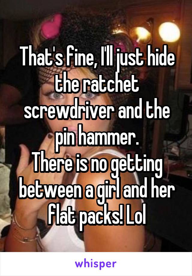 That's fine, I'll just hide the ratchet screwdriver and the pin hammer.
There is no getting between a girl and her flat packs! Lol