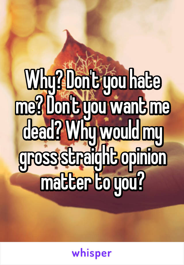 Why? Don't you hate me? Don't you want me dead? Why would my gross straight opinion matter to you?