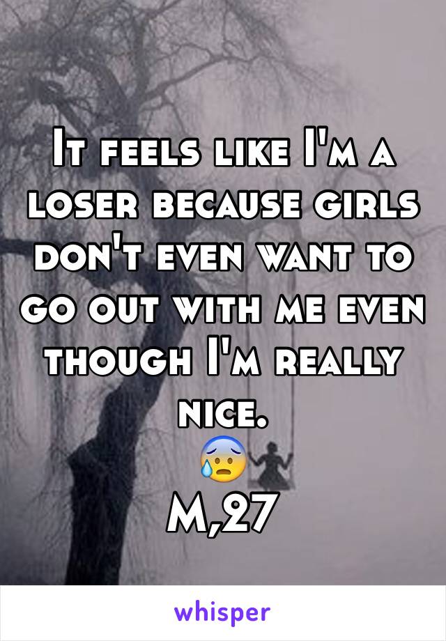 It feels like I'm a loser because girls don't even want to go out with me even though I'm really nice.
😰
M,27