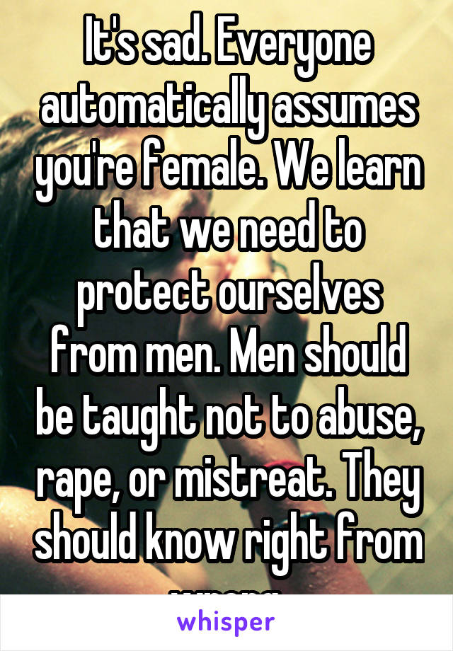 It's sad. Everyone automatically assumes you're female. We learn that we need to protect ourselves from men. Men should be taught not to abuse, rape, or mistreat. They should know right from wrong.