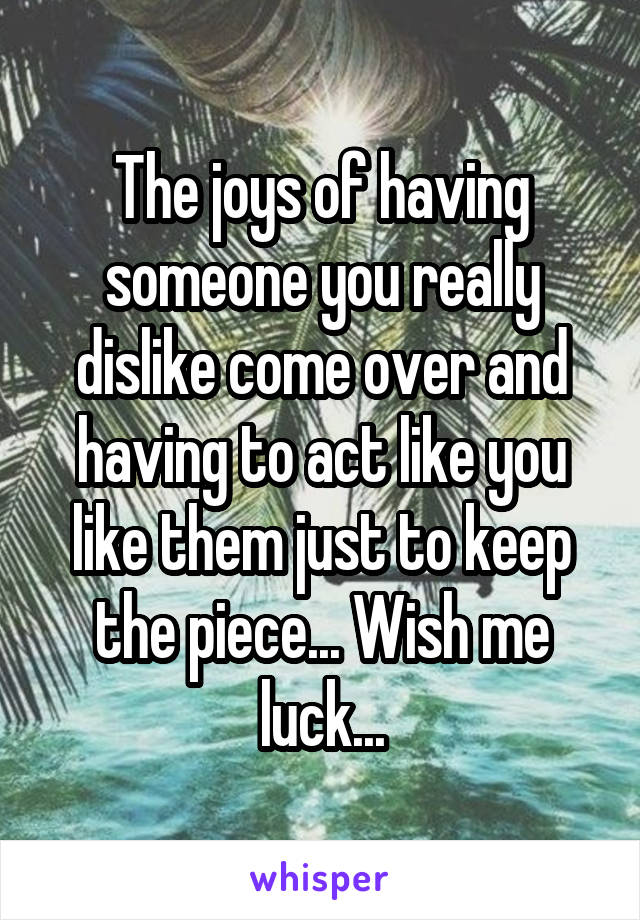 The joys of having someone you really dislike come over and having to act like you like them just to keep the piece... Wish me luck...