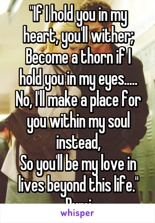 "If I hold you in my heart, you'll wither;
Become a thorn if I hold you in my eyes.....
No, I'll make a place for you within my soul instead,
So you'll be my love in lives beyond this life."
Rumi