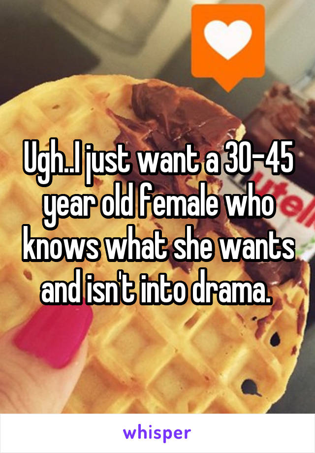 Ugh..I just want a 30-45 year old female who knows what she wants and isn't into drama. 