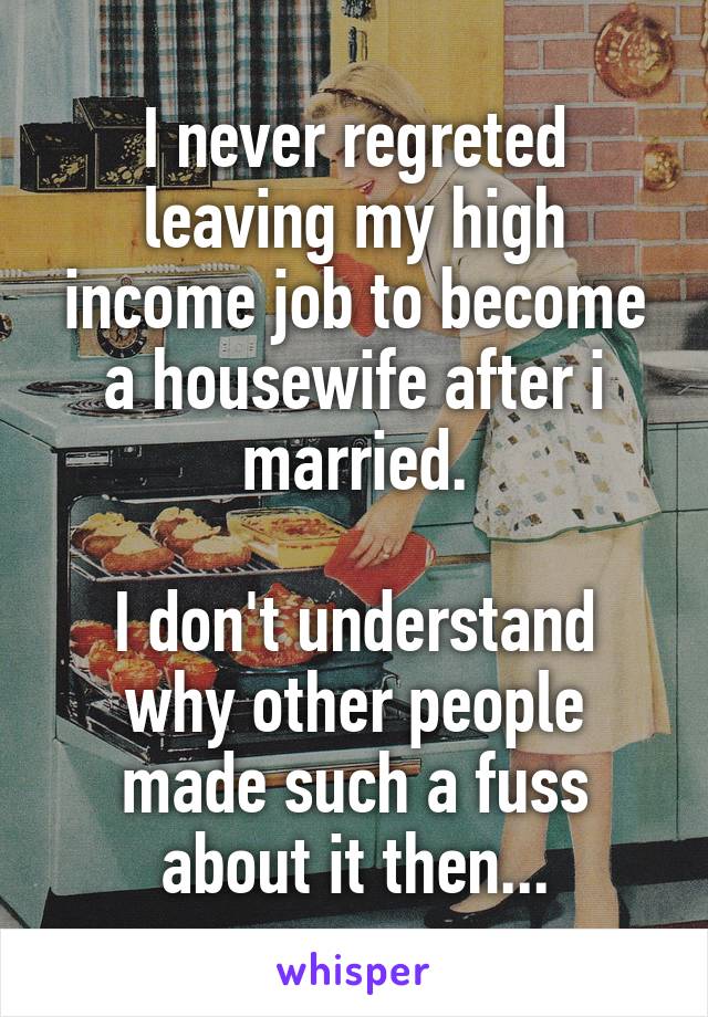 I never regreted leaving my high income job to become a housewife after i married.

I don't understand why other people made such a fuss about it then...