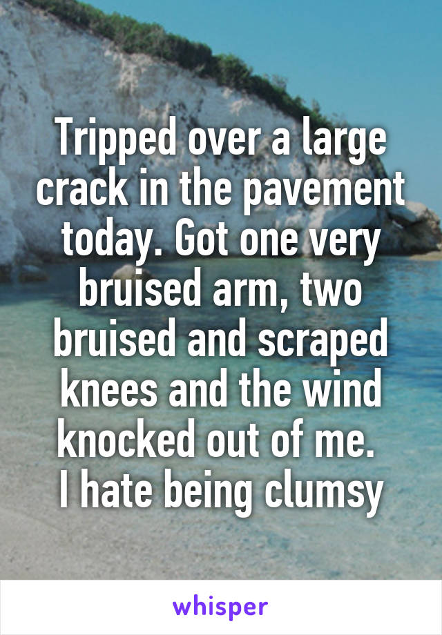 Tripped over a large crack in the pavement today. Got one very bruised arm, two bruised and scraped knees and the wind knocked out of me. 
I hate being clumsy