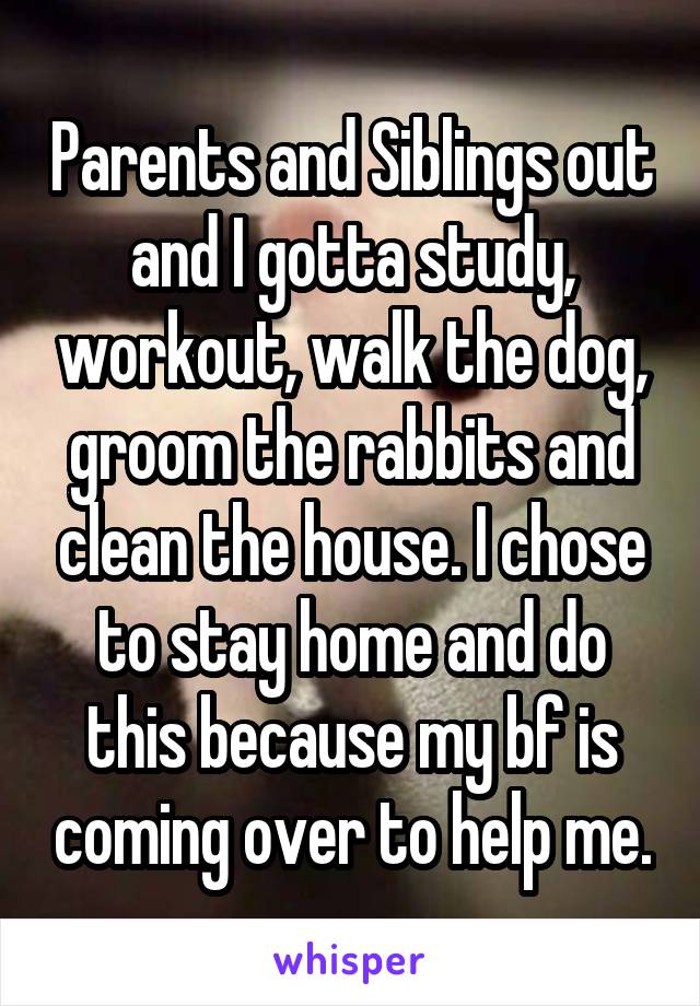 Parents and Siblings out and I gotta study, workout, walk the dog, groom the rabbits and clean the house. I chose to stay home and do this because my bf is coming over to help me.