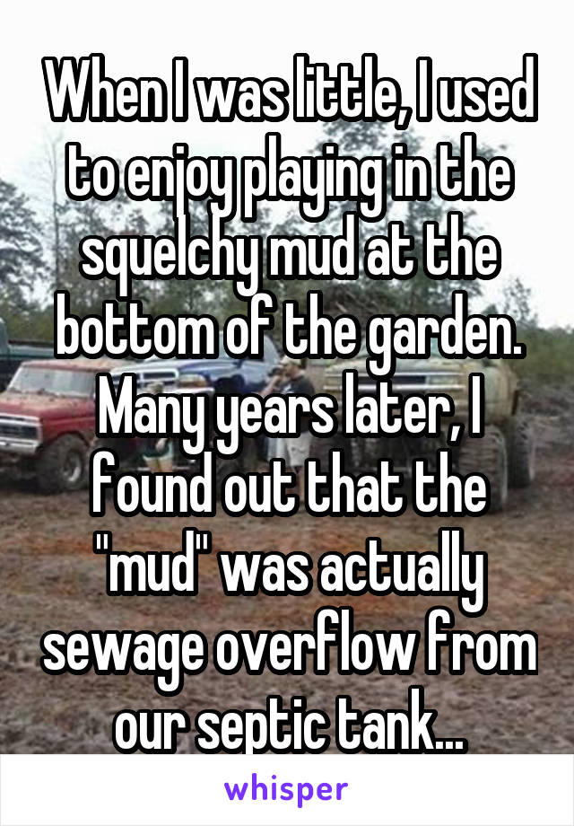 When I was little, I used to enjoy playing in the squelchy mud at the bottom of the garden. Many years later, I found out that the "mud" was actually sewage overflow from our septic tank...