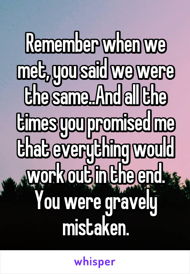 Remember when we met, you said we were the same..And all the times you promised me that everything would work out in the end.
You were gravely mistaken.