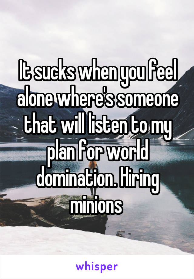 It sucks when you feel alone where's someone that will listen to my plan for world domination. Hiring minions 