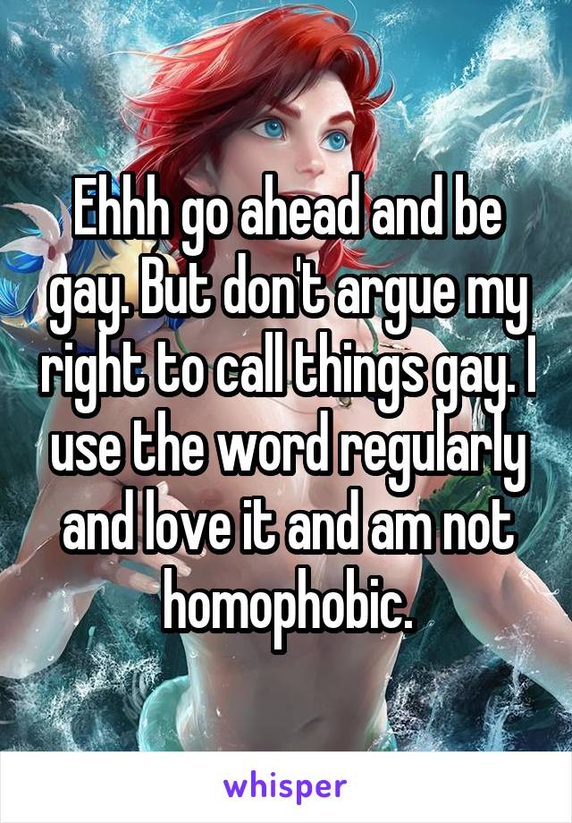 Ehhh go ahead and be gay. But don't argue my right to call things gay. I use the word regularly and love it and am not homophobic.