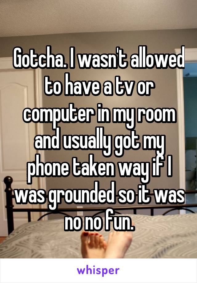 Gotcha. I wasn't allowed to have a tv or computer in my room and usually got my phone taken way if I was grounded so it was no no fun.