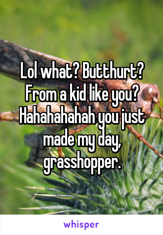 Lol what? Butthurt? From a kid like you? Hahahahahah you just made my day, grasshopper.