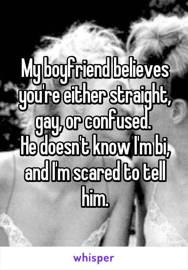 My boyfriend believes you're either straight, gay, or confused. 
He doesn't know I'm bi, and I'm scared to tell him.