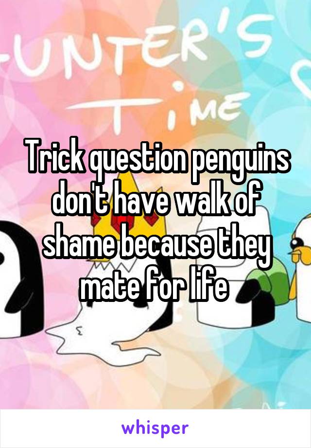 Trick question penguins don't have walk of shame because they mate for life 