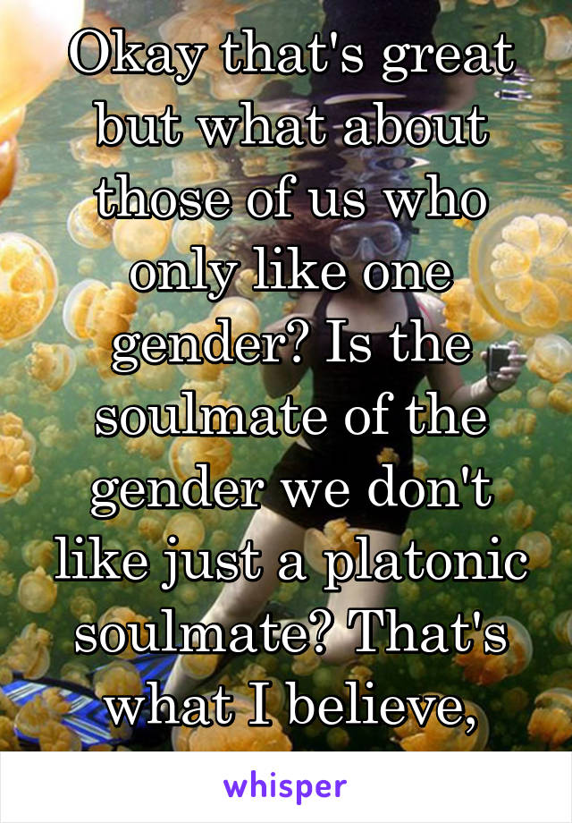 Okay that's great but what about those of us who only like one gender? Is the soulmate of the gender we don't like just a platonic soulmate? That's what I believe, anyway. 