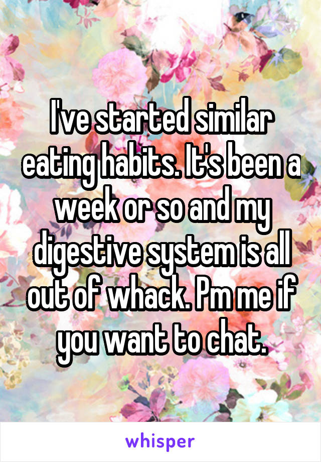 I've started similar eating habits. It's been a week or so and my digestive system is all out of whack. Pm me if you want to chat.