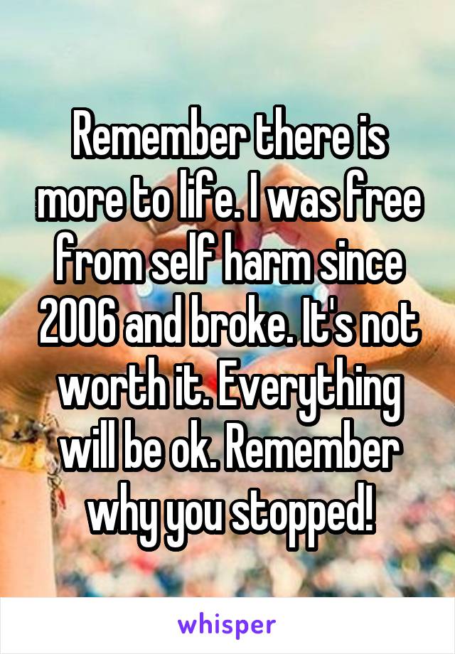 Remember there is more to life. I was free from self harm since 2006 and broke. It's not worth it. Everything will be ok. Remember why you stopped!