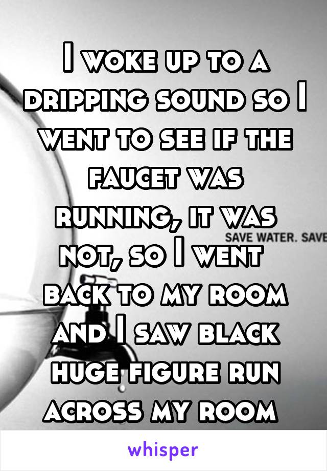 I woke up to a dripping sound so I went to see if the faucet was running, it was not, so I went  back to my room and I saw black huge figure run across my room 